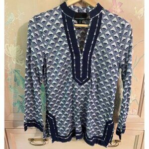 Cynthia Rowley 100% Cotton Navy Blue, White & Black Geometric Tunic Size M